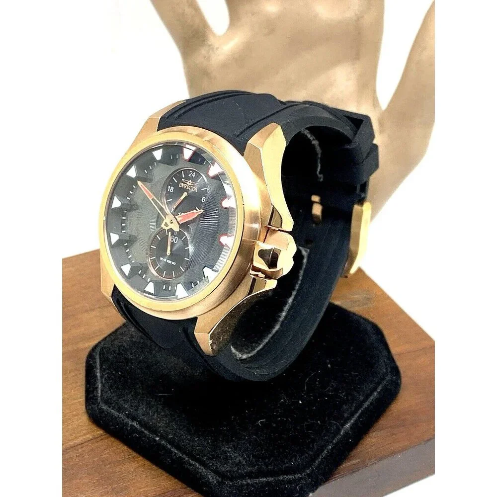Invicta Men's Watch 38015 S1 Rally Quartz Black Dial Rose Gold Rubber Band 47mm